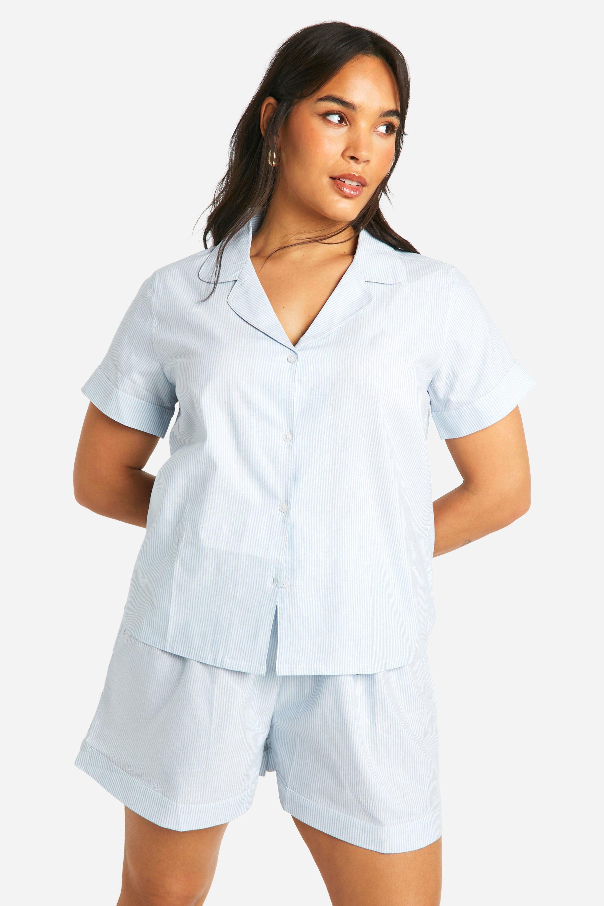 Womens Plus Cotton Stripe Button Down Shirt And Short Pyjama Set - Blue - 20, Blue